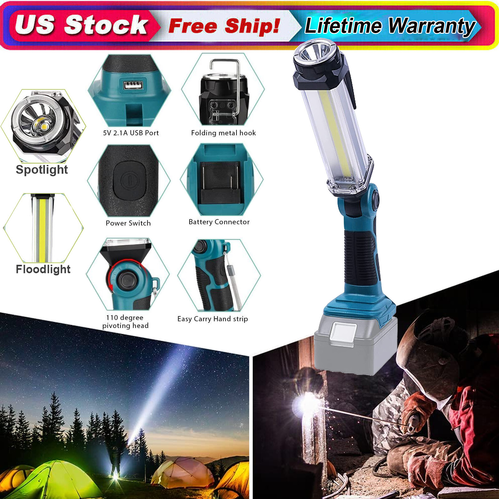 35W 2000LM LED Flashlight Work Light Jobsite Light for Makita 18V Li-Ion Battery
