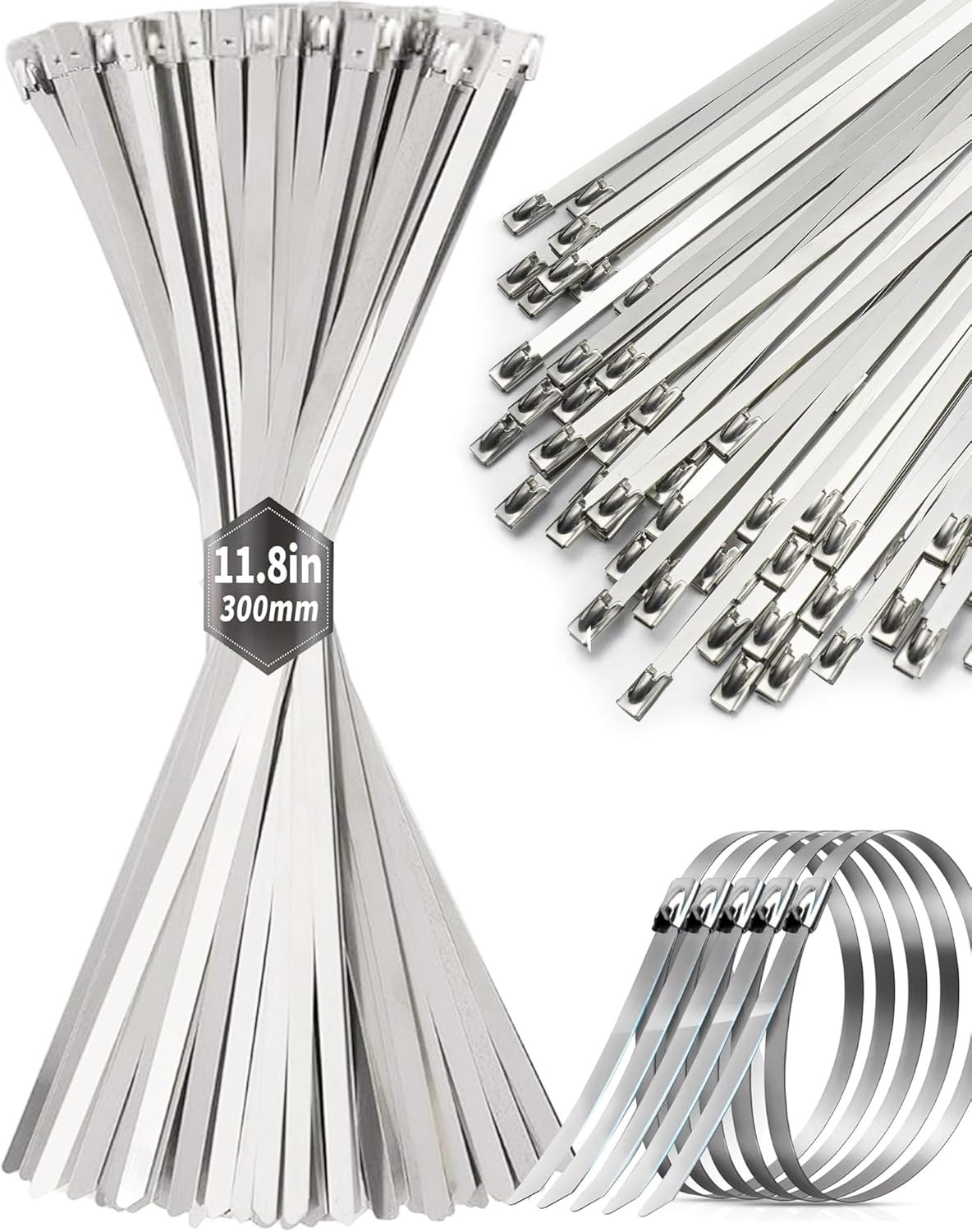 50Pcs Metal Zip Ties 11.8 inch 304 Stainless Steel Ties, Heavy Duty.