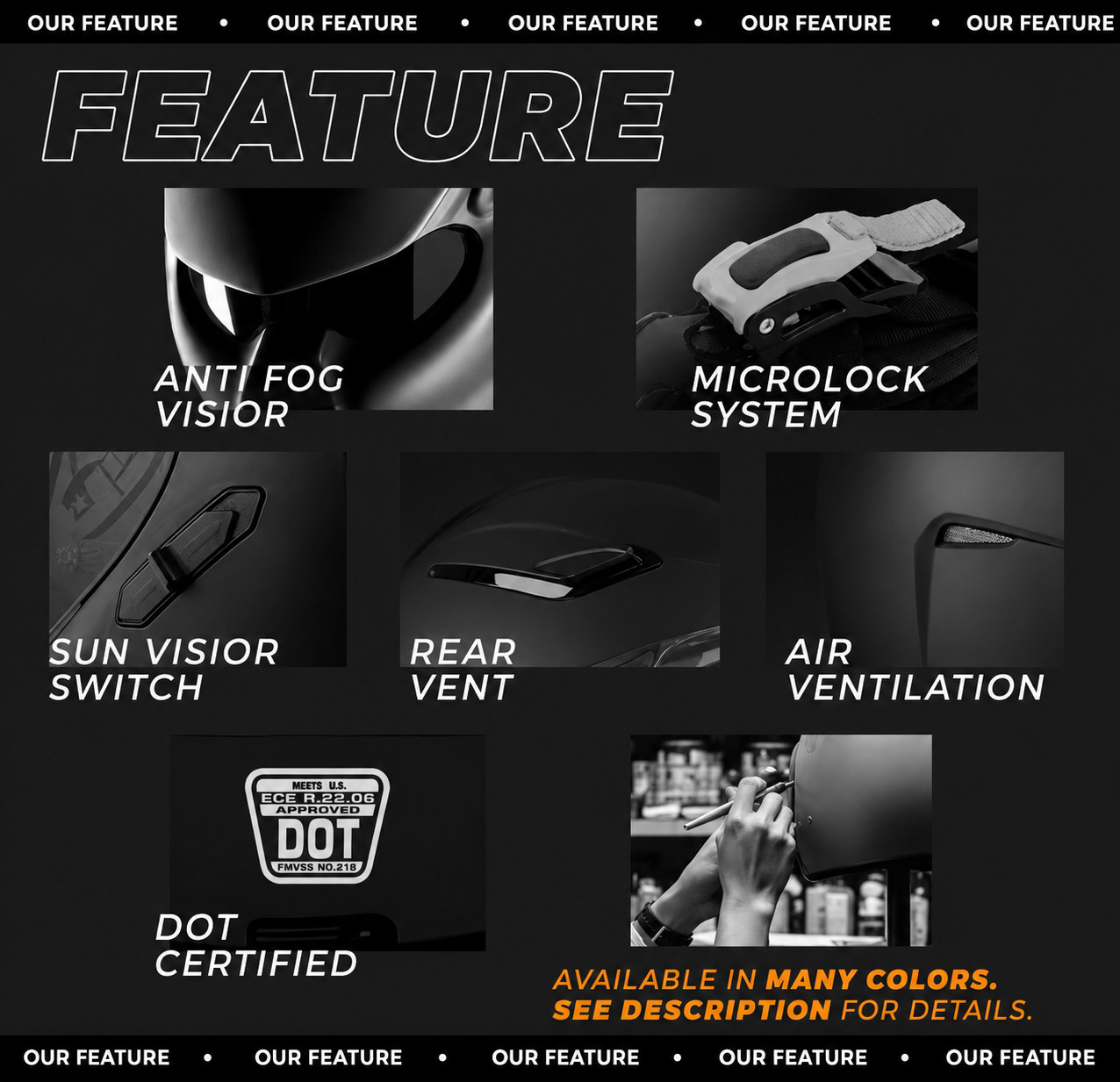 TOP INTERNATIONAL PREDATOR MOTORCYCLE HELMET LINE STYLE ((DOT & ECE CERTIFIED))