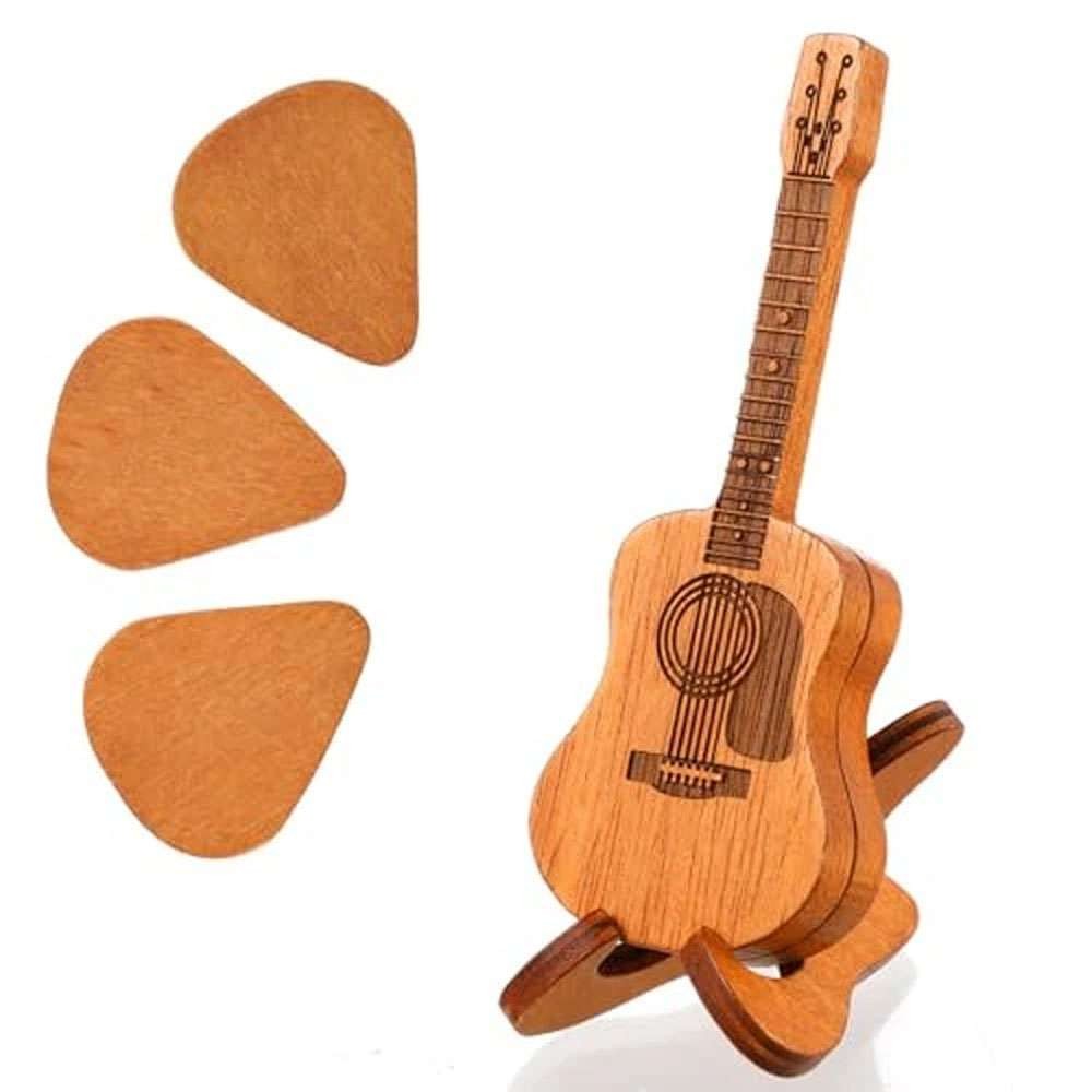 Wooden Acoustic Guitar Pick Case Holder with 3 Guitar Picks Guitar Pick Box Gift