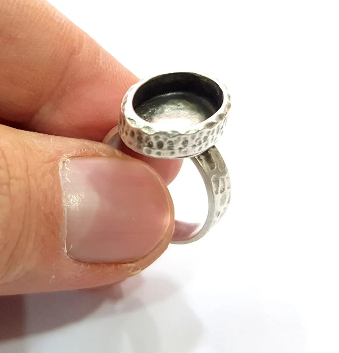 Hammered Ring Blank Setting Base Bezel inlay Backs Cabochon Antique Silver