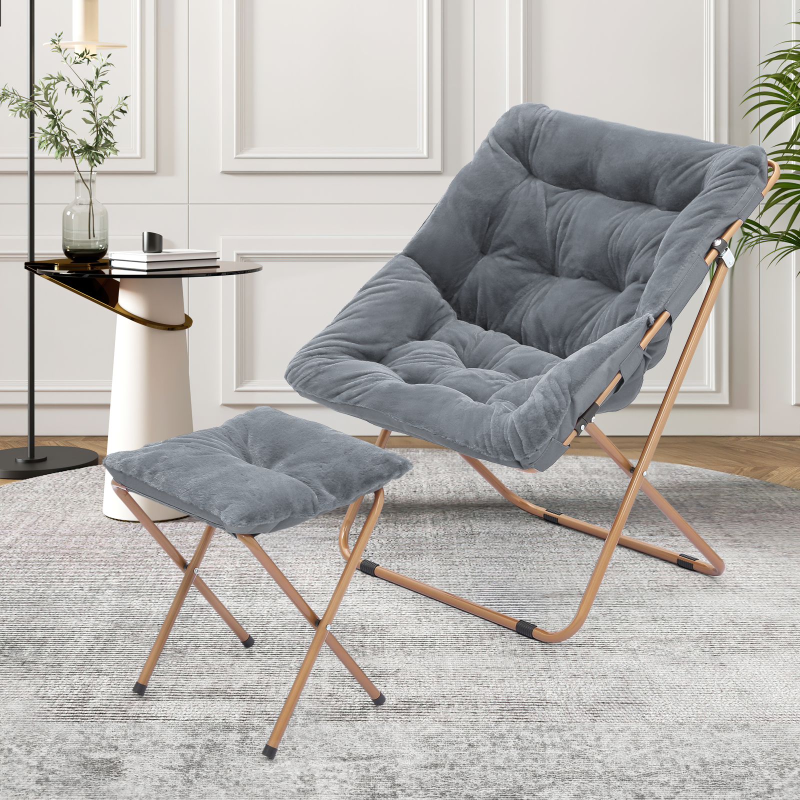 Folding Saucer Cozy Moon Chair Home Grey Soft Faux Fur Oversized Seat w/Ottoman