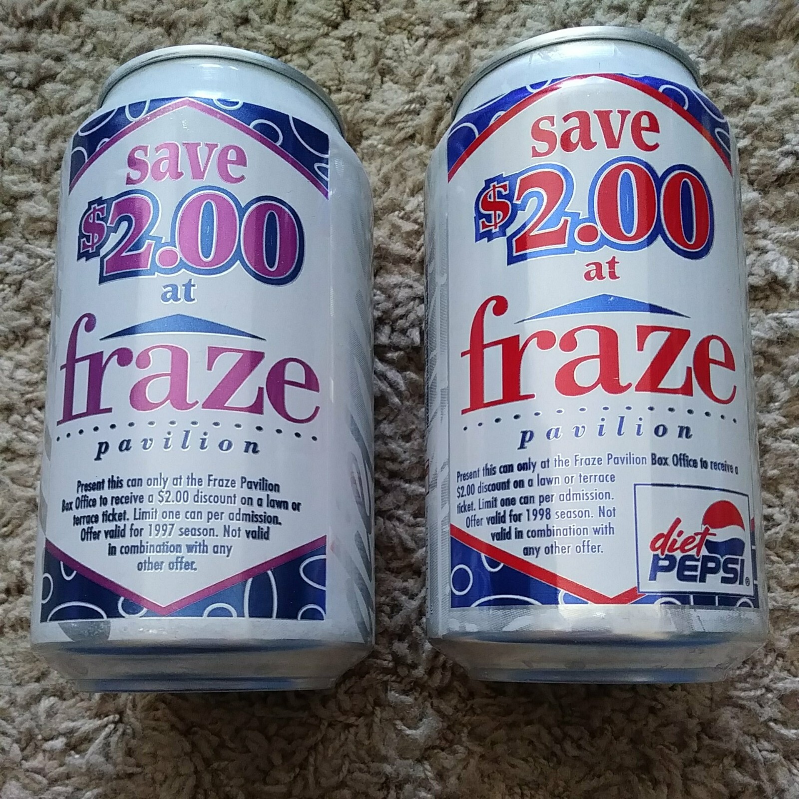 2 DIFFERENT Diet Pepsi - FRAZE PAVILION COUPON Cans  12oz ALUMINUM 1997 1998