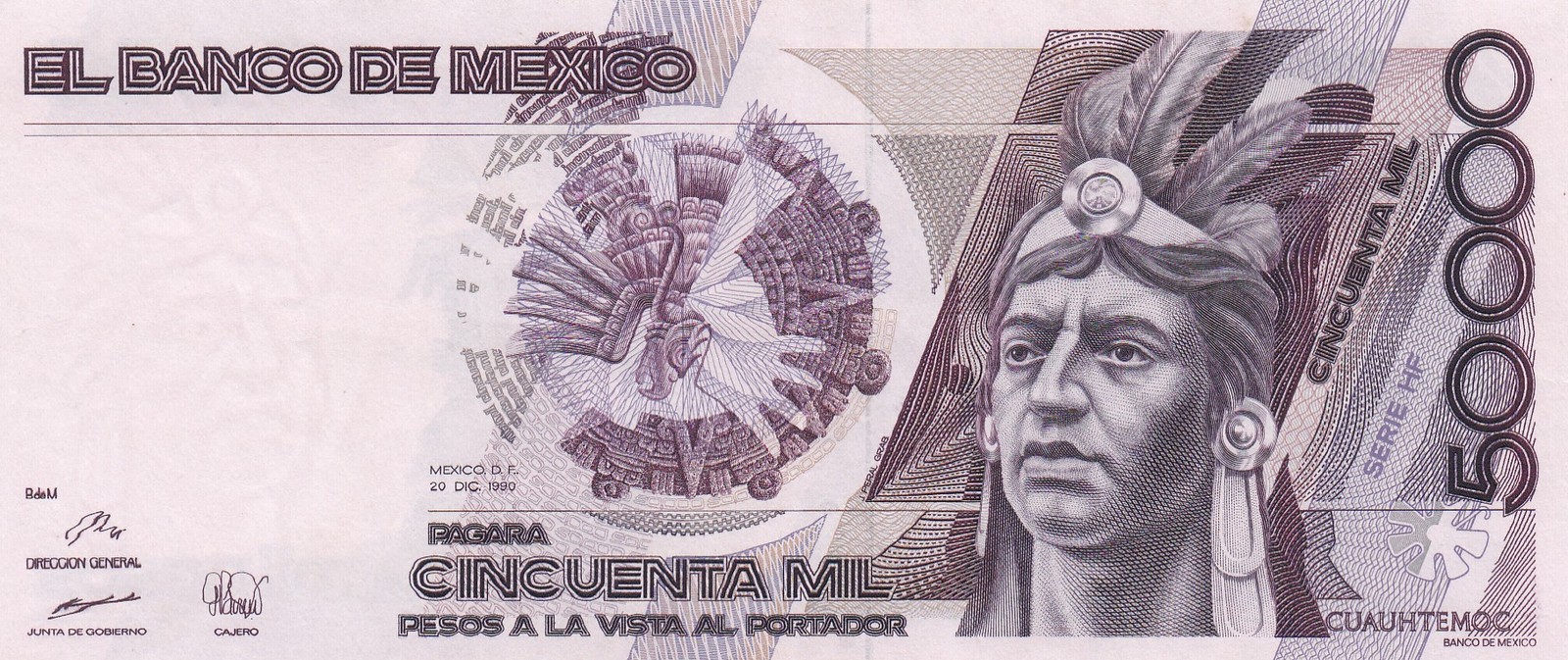BANK OF MEXICO 50000 PESOS 1990 XF p-93
