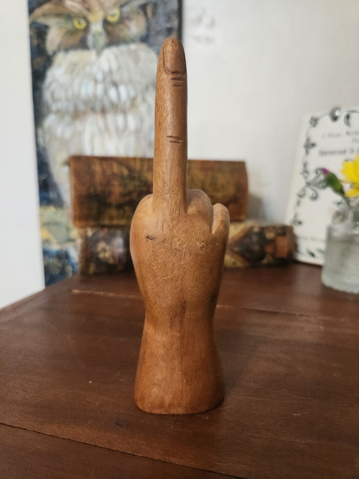 Vintage Hand Carved Wooden Middle Finger  - 6.25"