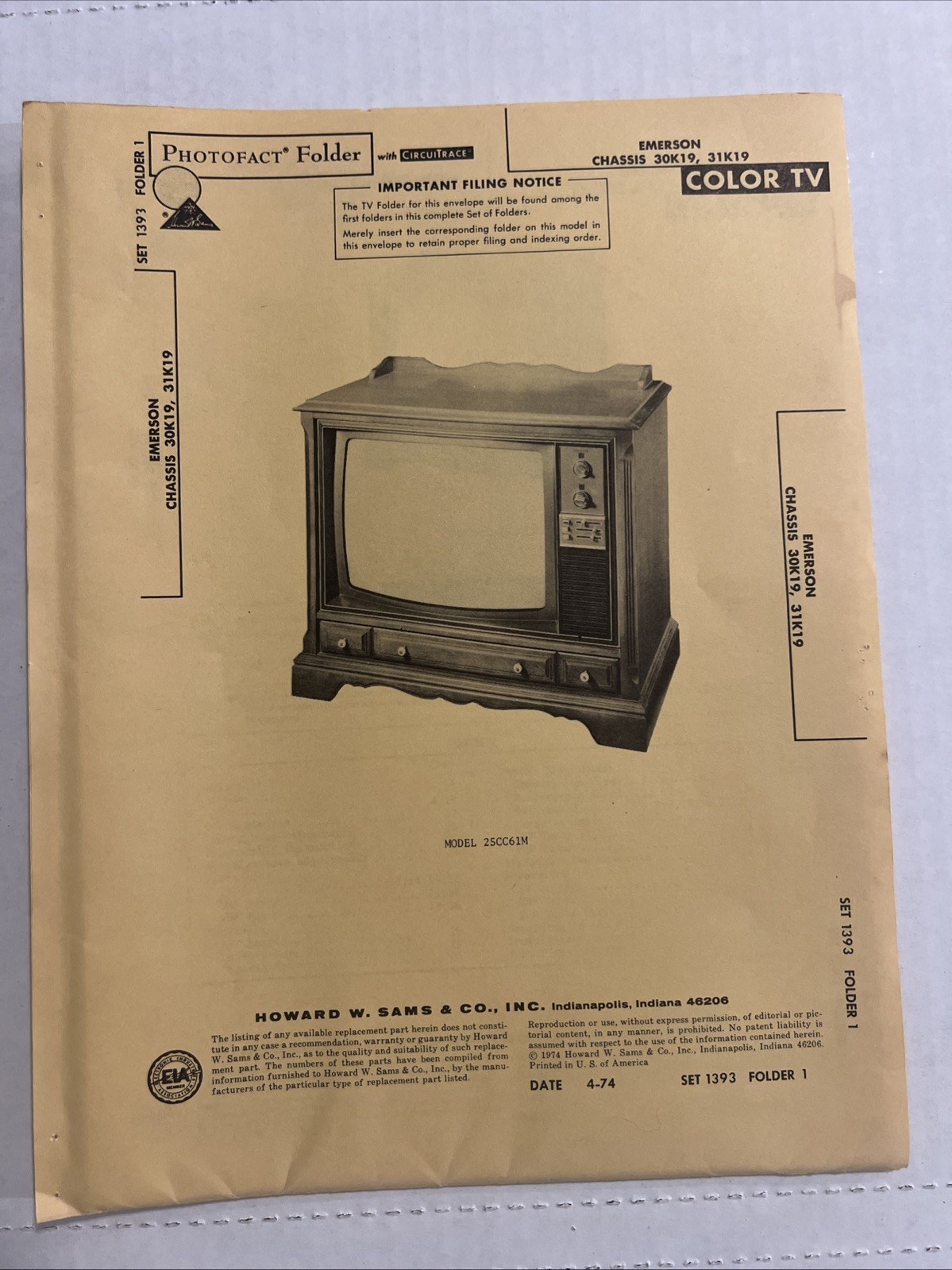 Vintage Sam’s Photofact Schematics 4-1974 Emerson Chassis 30K19