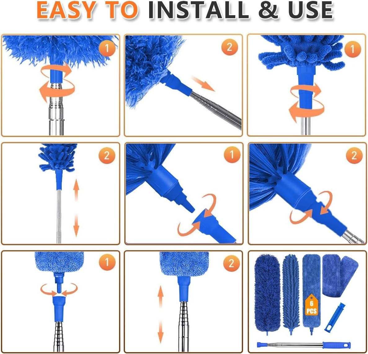 Microfiber Feather Duster, 6PCS Extendable Bendable Dusters with 100" Telesco...