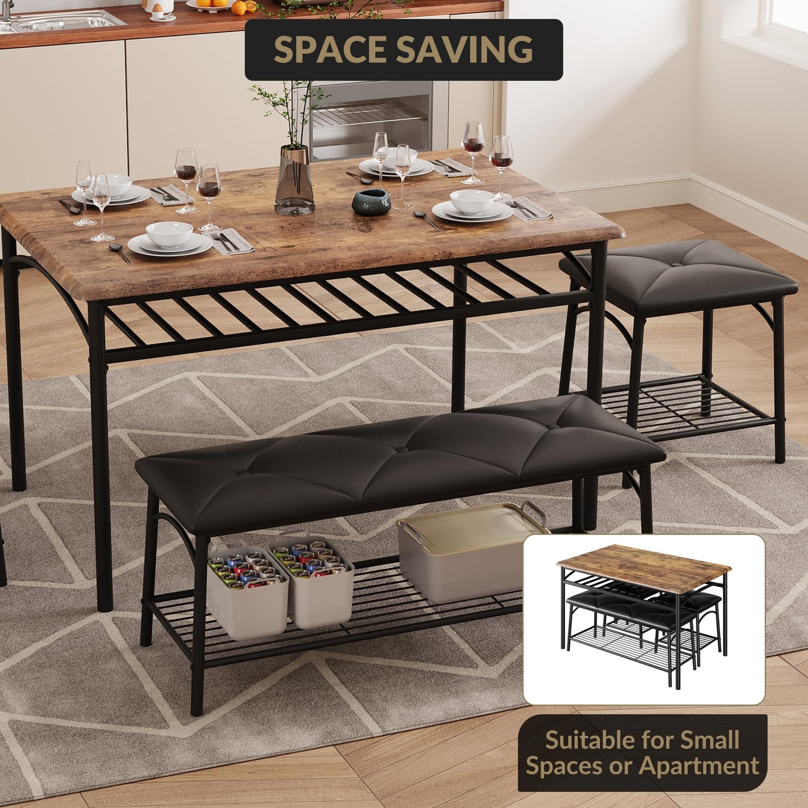4PCS Dining Set w/ Storage Shelf, Kitchen Table w/ Upholstered Bench & 2 Stools