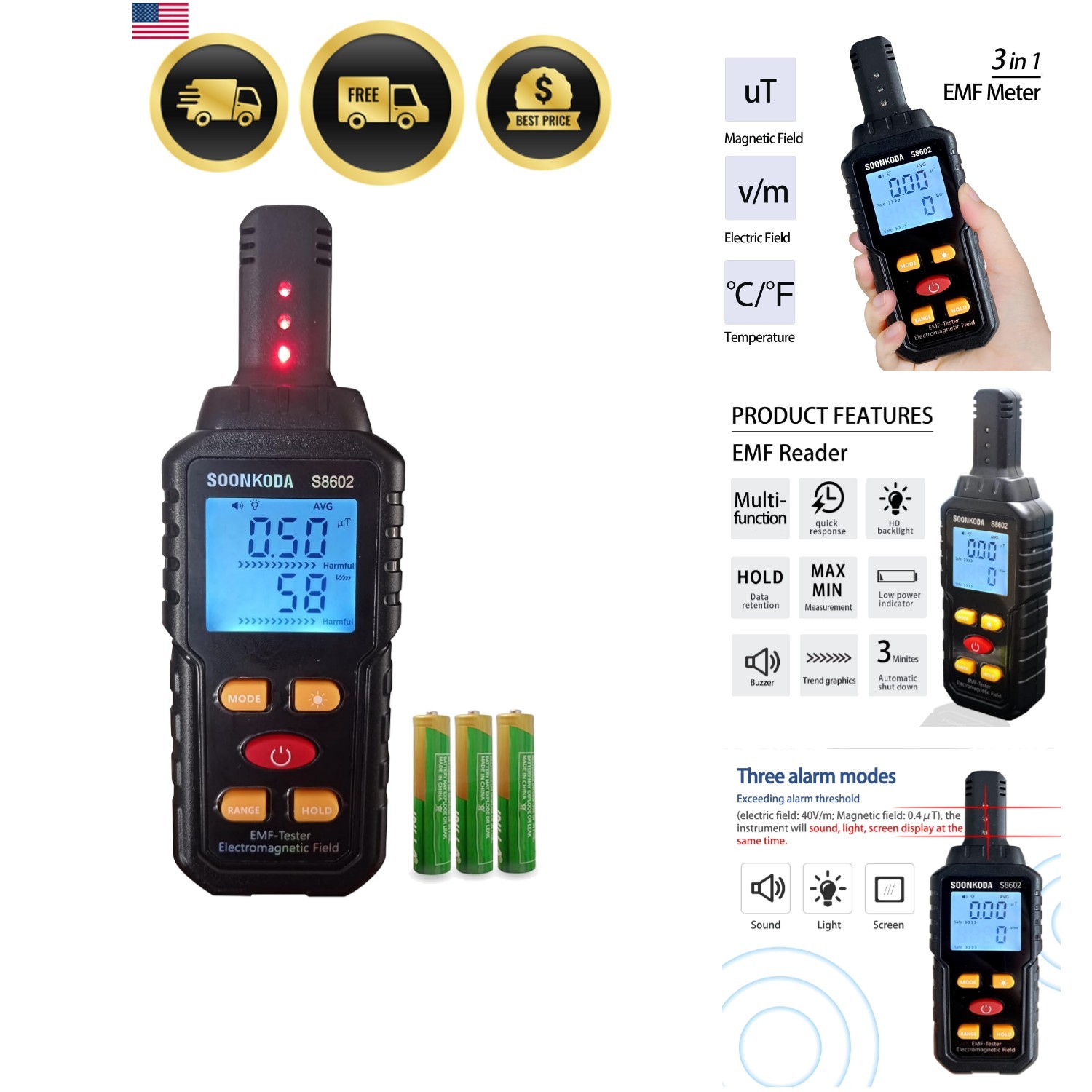 3 in 1 EMF Meter,EMF Reader,Electromagnetic Field Radiation Detector,EMF Test...