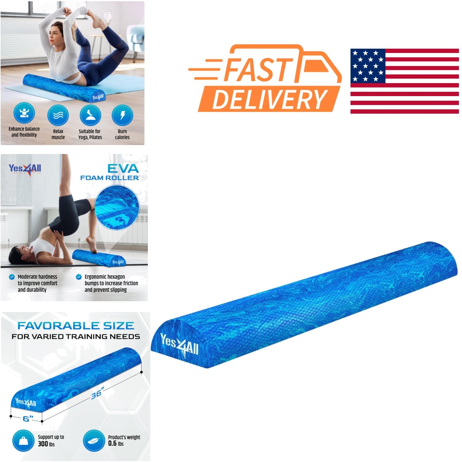 Textured EVA Foam Roller 36 Inch for Muscle Relief and Stability During Workouts