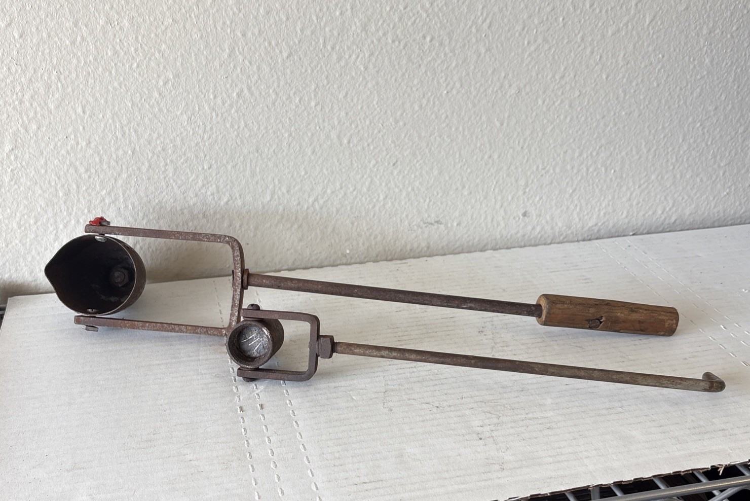Vintage Lot 2 Cast Iron Lead Ladle Melting Wood Handle with Swinging Swivel Pot