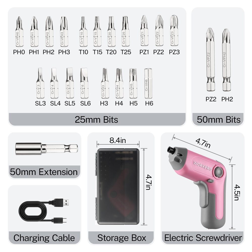 WORKPRO Electric Cordless Screwdriver Automatic Screw Gun w/Offset Driving Shaft