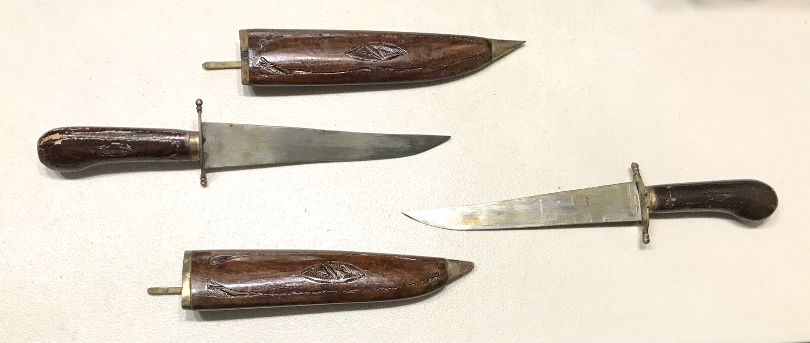 Pair Antique Vintage India Carved Wood Scabbard Handle Fighinng Dagger Knife Old