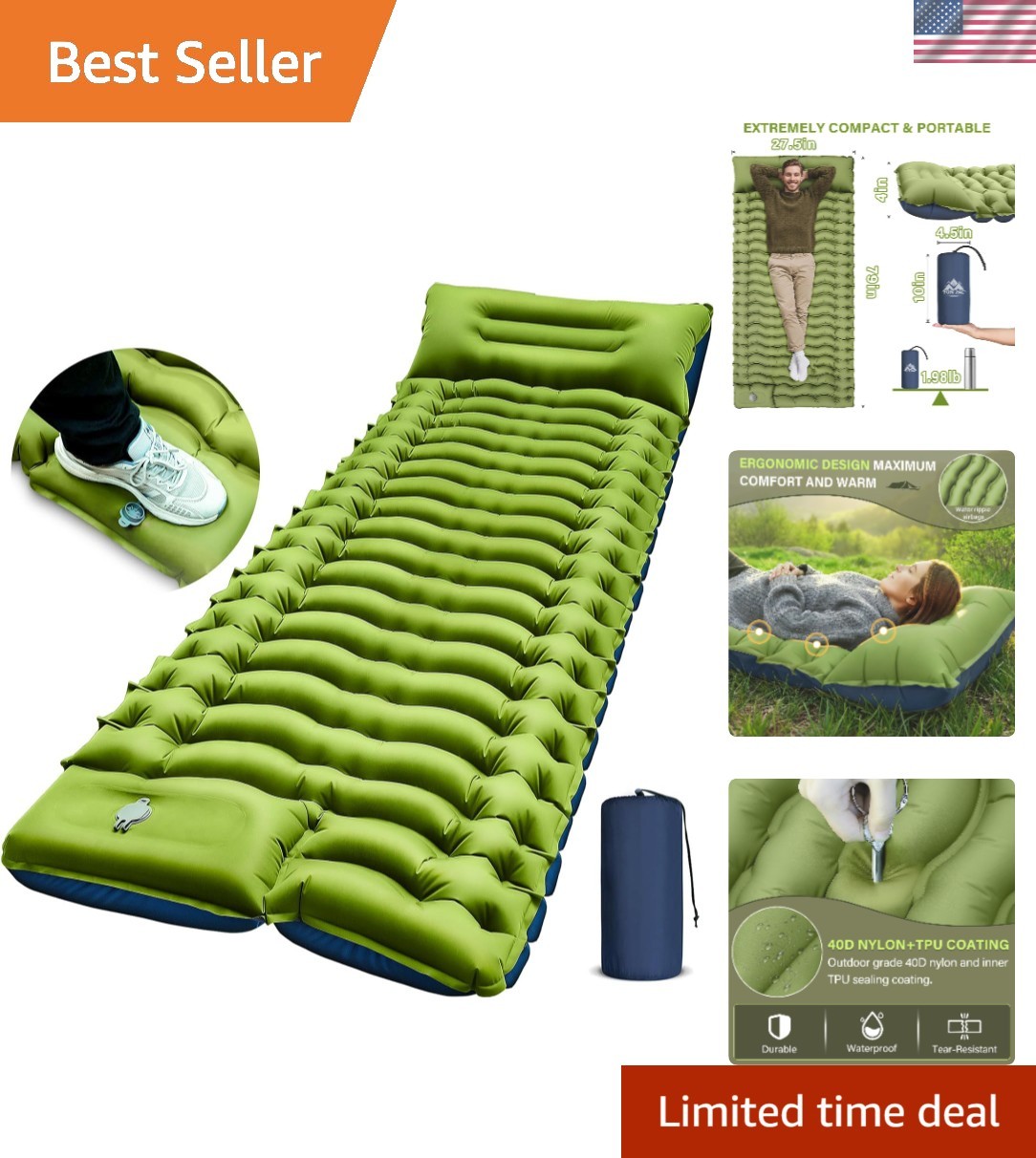 Compact Waterproof Camping Sleeping Pad with Integrated Pump - Single Size Green