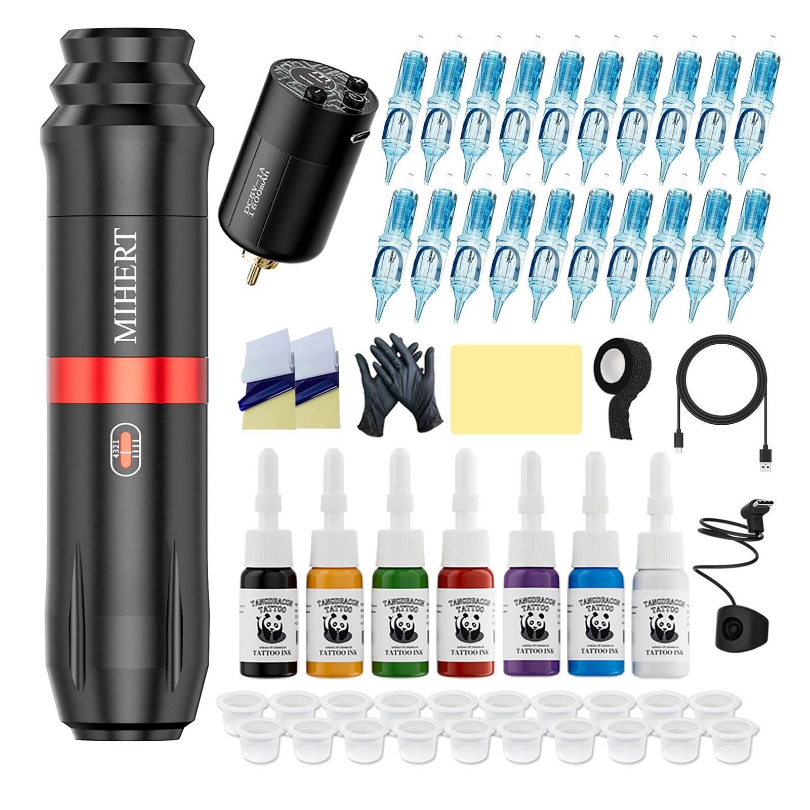 MIHERT Tattoo Gun Kit with Wireless Rotary Machine, 1500mAh Black