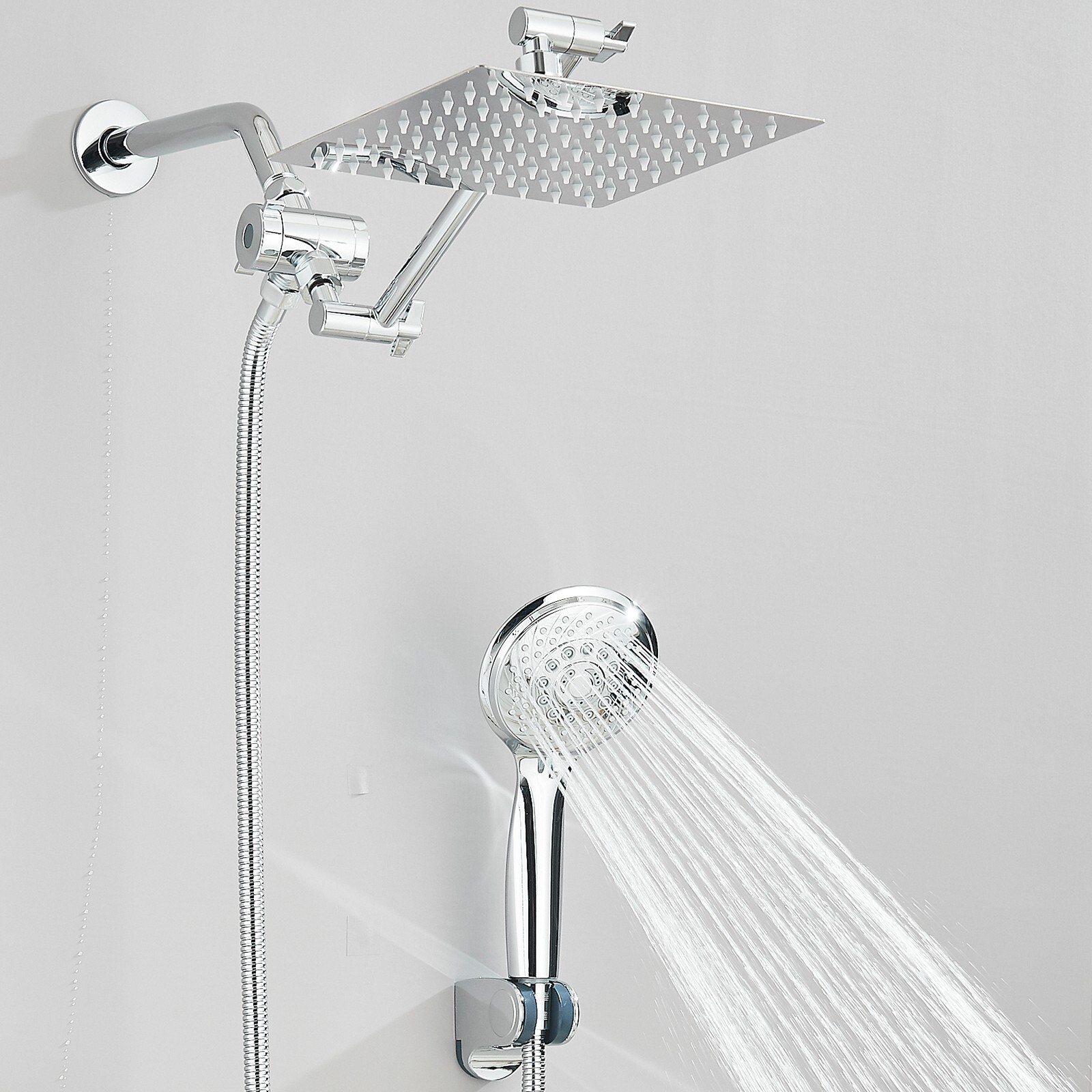 Chrome 8"Rain Shower Head with Handheld Spray Combo High Pressure Adjustable Arm