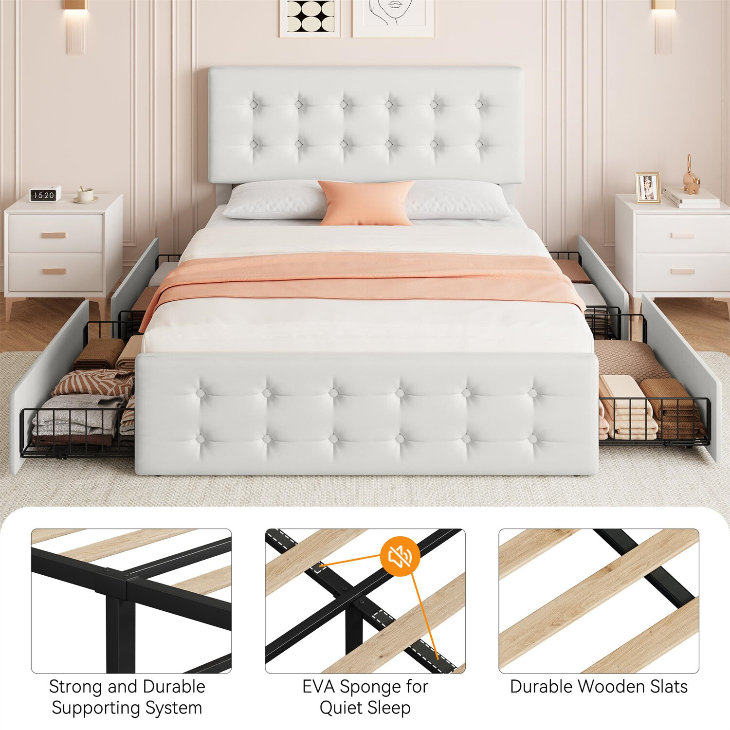Full Size Bed Frame with 4 Storage Drawers and Headboard Upholstered Platform