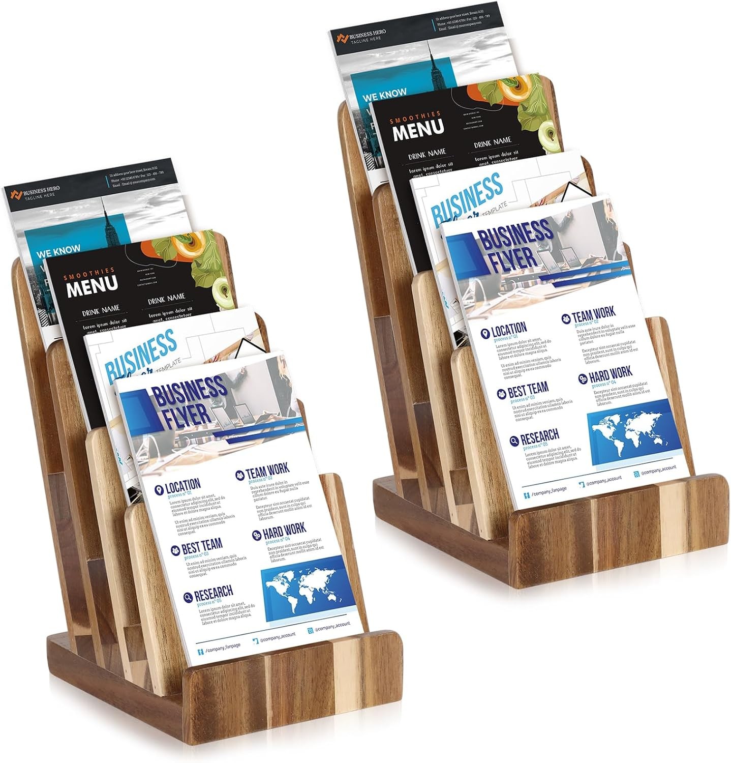 2 Pack 4 Tier Acacia Wood Brochure Holder Stand 6 x 9 inchLiterature Holder