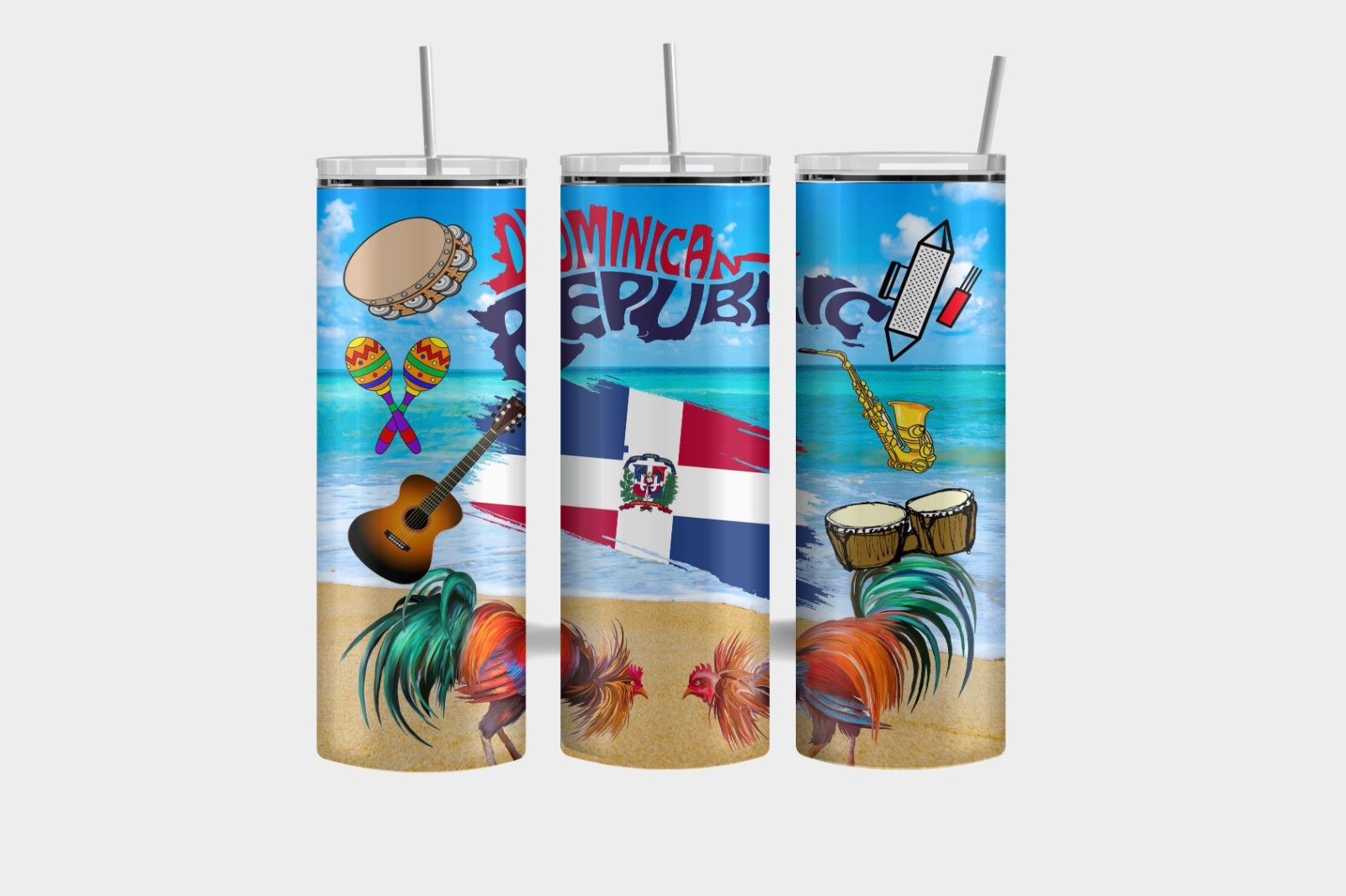 Dominican Republic Cultural Tumbler ~ 20oz Stainless Steel – Beach, Roosters, In
