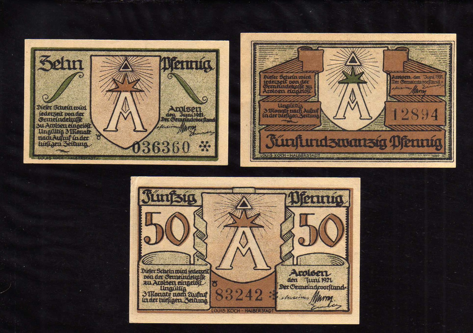 AROLSEN - GERMANY NOTGELD - 10, 25, 50 PFENNIG
