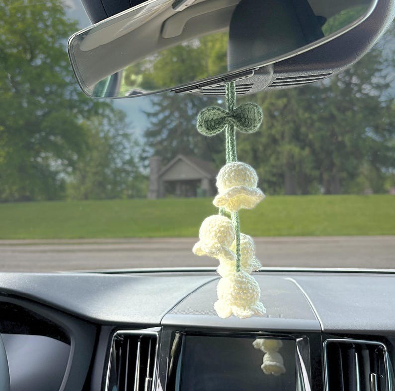 Lily of the Valley Car Charm Crochet, Flower Rearview Mirror, Boho Hanger