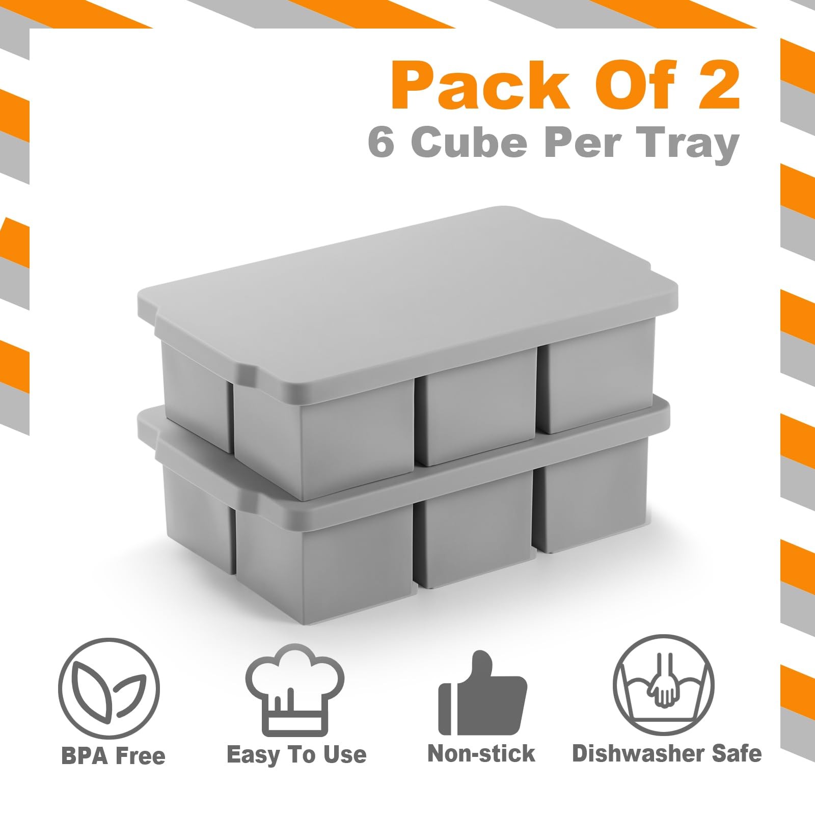 2 Pack Grey Large Ice Cube Tray with Lid 2 Inch Cubes