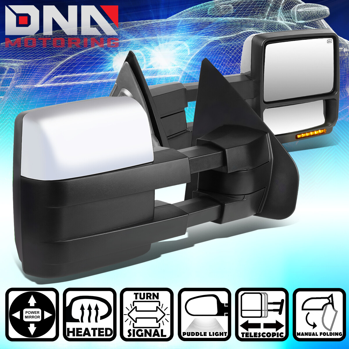 FOR 2004-2014 FORD F150 PAIR POWER+HEAT+LED SIGNAL+PUDDLE TOWING MIRROR CHROME