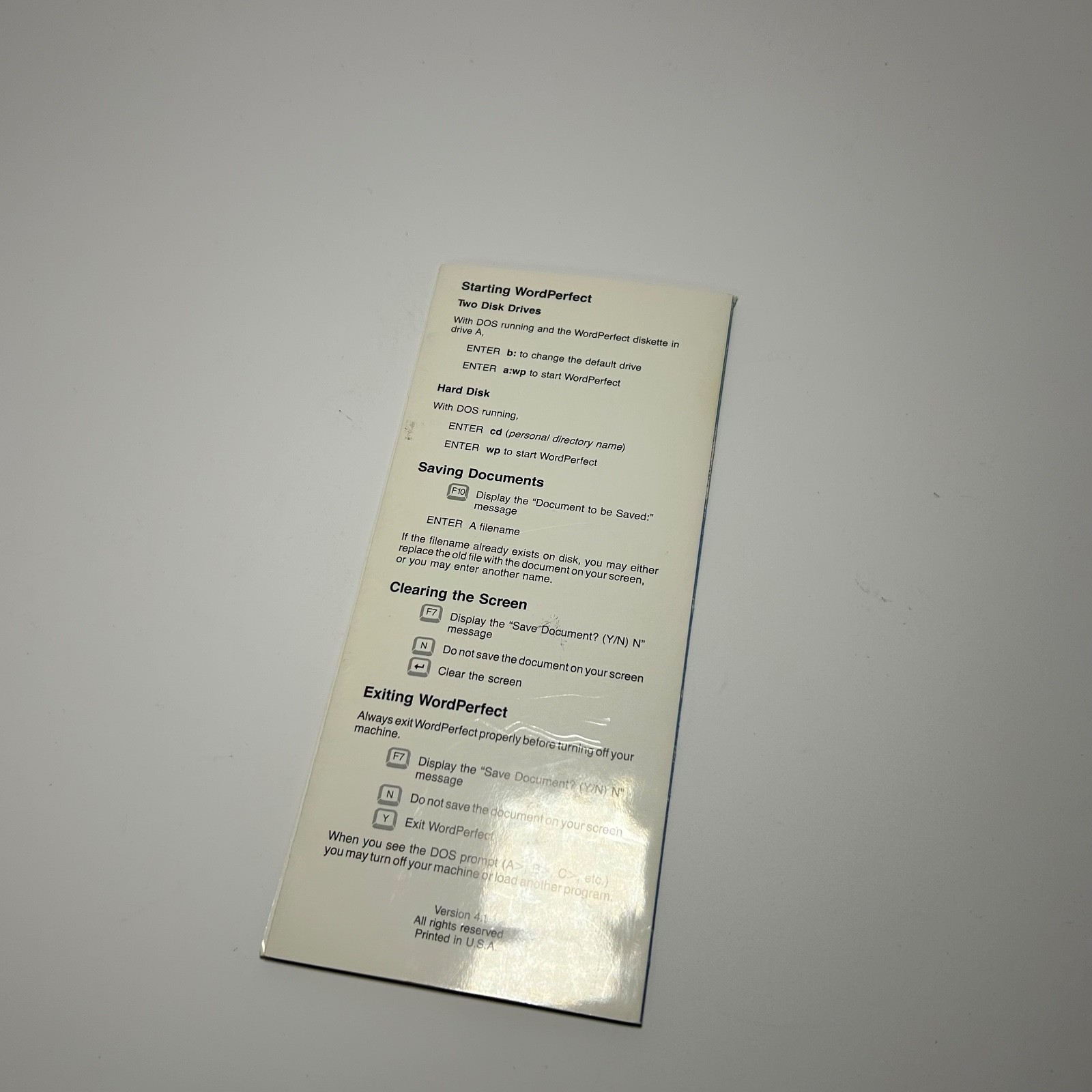 WordPerfect 4.1 Quick Command Reference Original