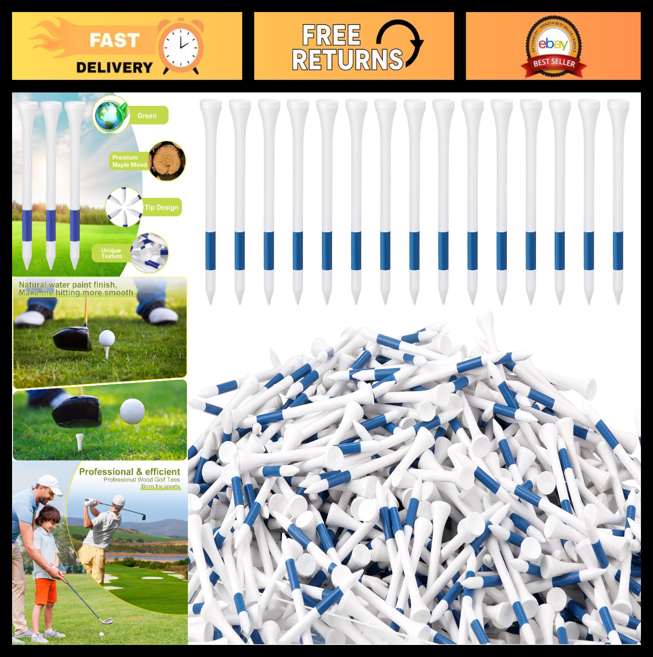 1000 Pcs Wooden Golf Tees 3-1/4'' Bulk for Driving Range & Club Accessories