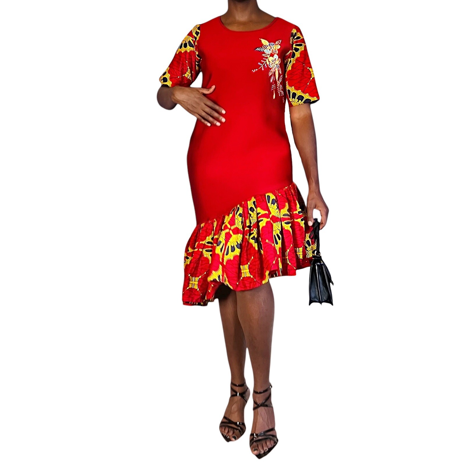 Red Fitted Women Dress w/ Asymmetrical African Ankara Print & Embroidery