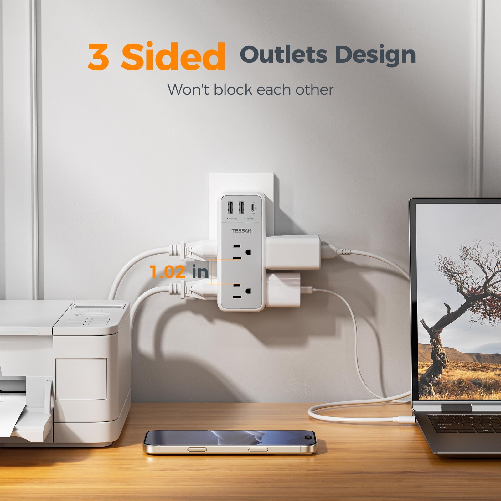 Multi Plug Wall Outlet Splitter with 360 Rotating 6 Outlets (USB-C), Grey