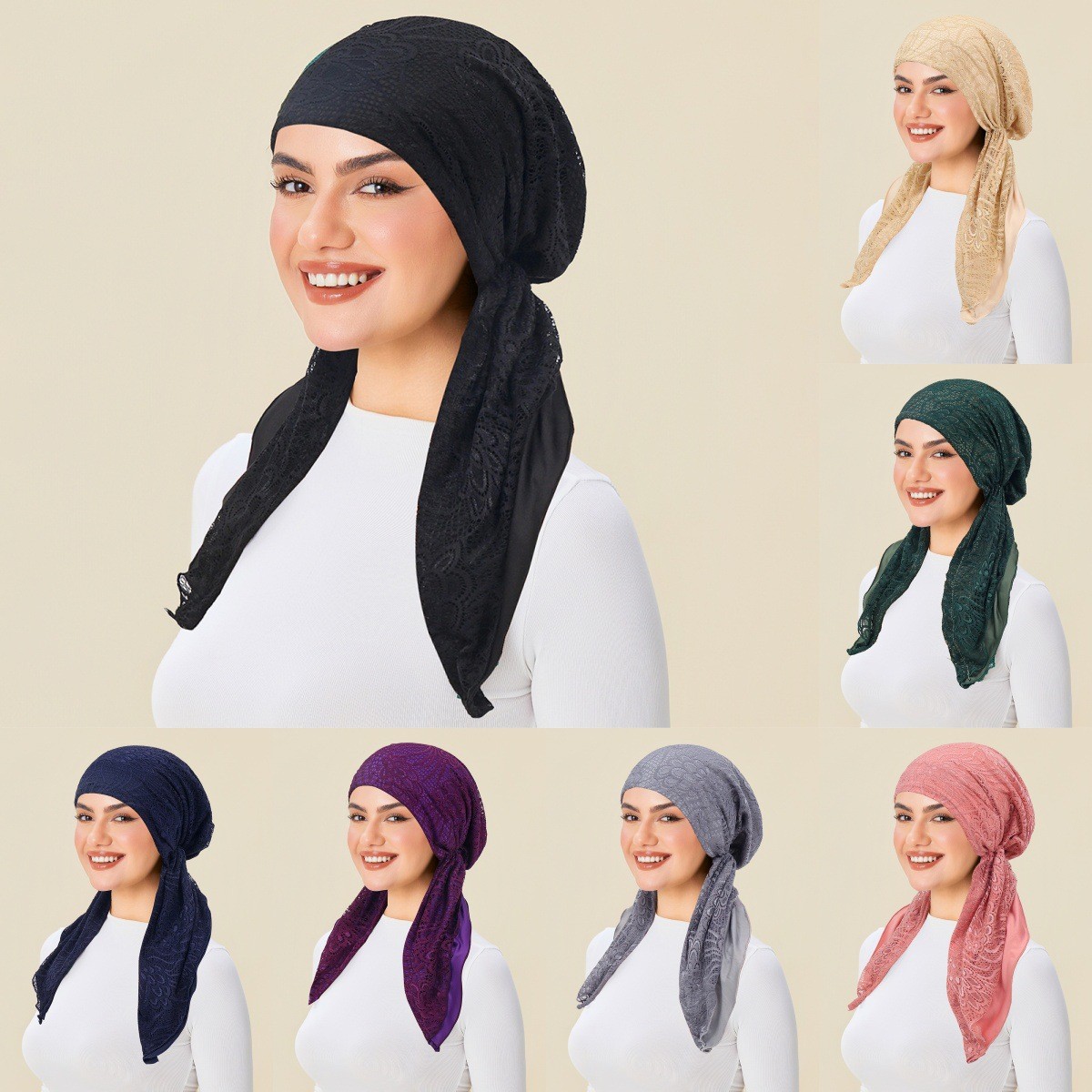 African Women Lace Turban Head Wrap Pre-Tied Hat Bonnet Scarf Elastic Hijab Cap