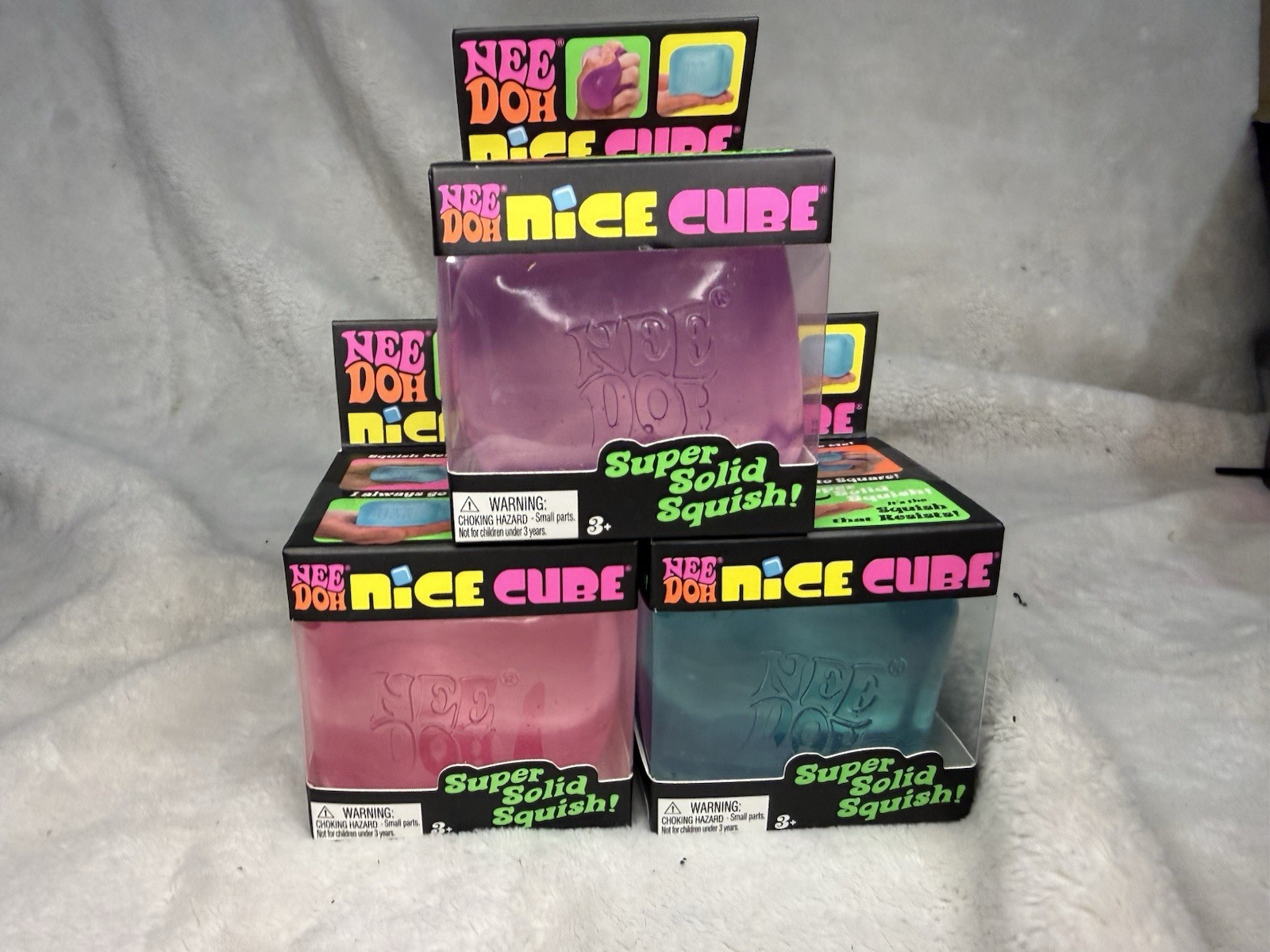 Nee Doh Nice Cube Super Solid Squish Blue, Purple, And Pink - Brand New Lot Of 3