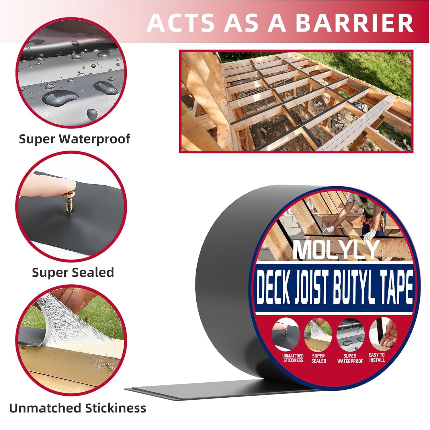Joist Tape for Decking 1-5/8" x 50', 6 Rolls Weather-Resistant Deck Joist Tape