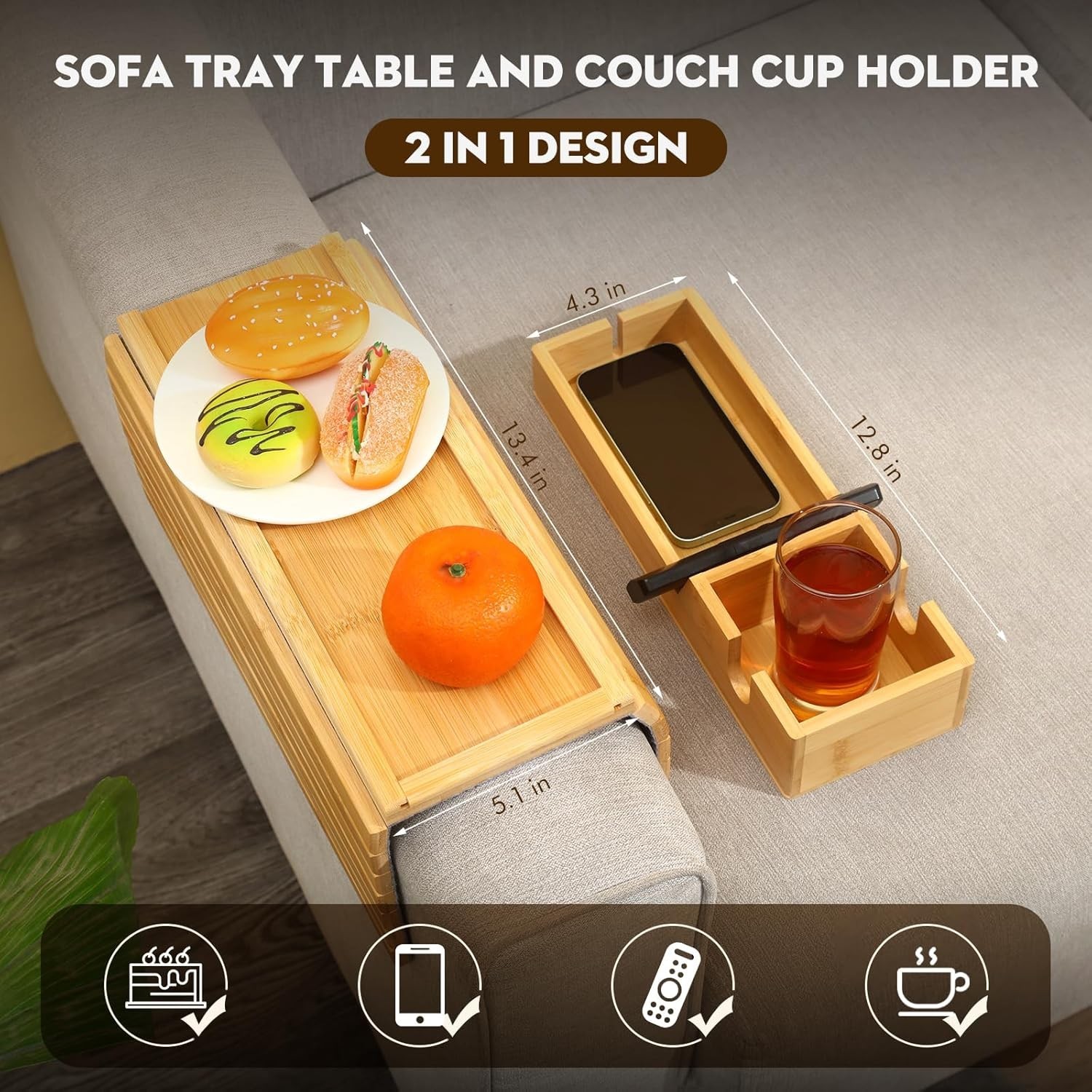Bamboo Couch Arm Tray W/ Detachable Cup Holder 2 in 1 Foldable Anti-Falling
