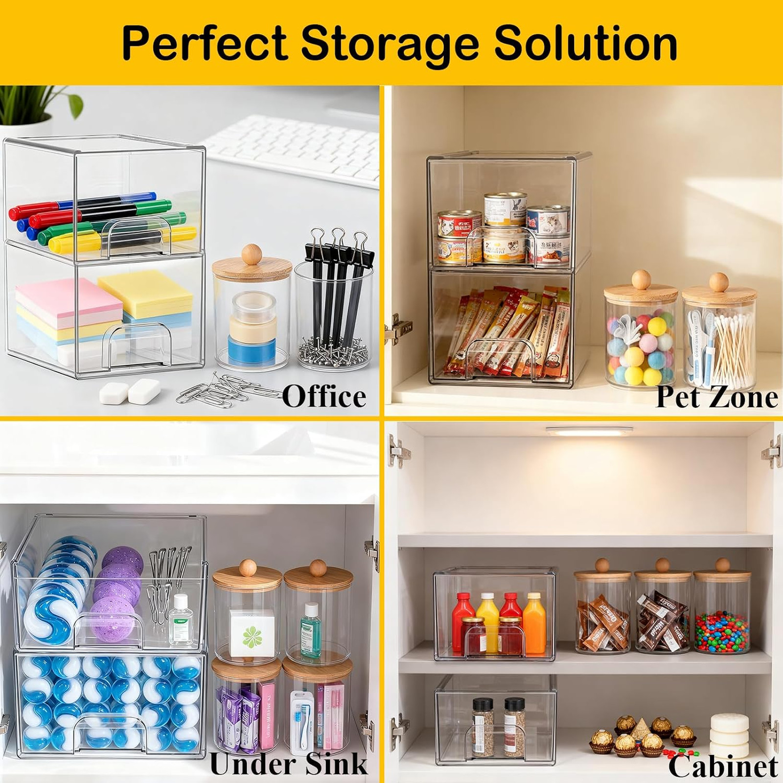 6 Pack Clear Stackable Storage Drawers & Qtip Holder Dispenser with Bamboo Lids