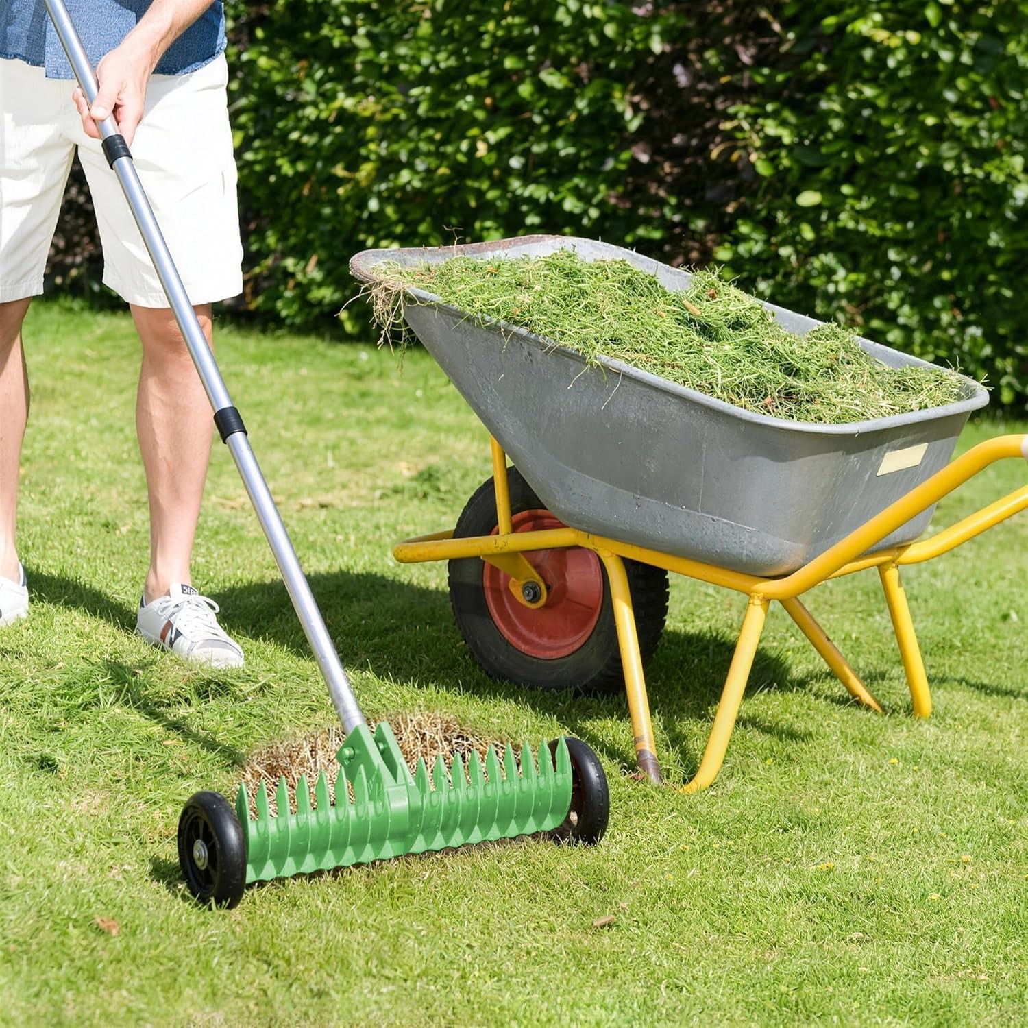 Thatch Rake for Lawn, 15-Inch Dethatcher Rake with Rolls Adjustable 0-15°