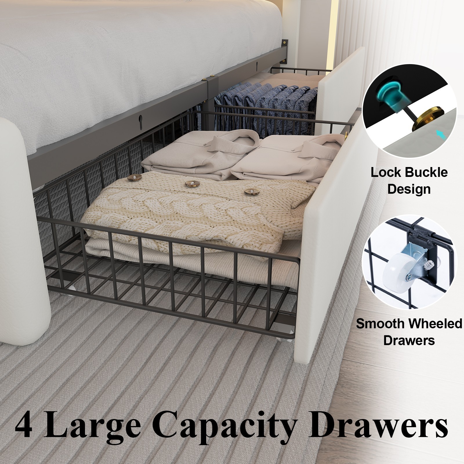 E-MOTIE Upholstered Bed Frame with 4 Storage Drawers & Adjustable Headboard