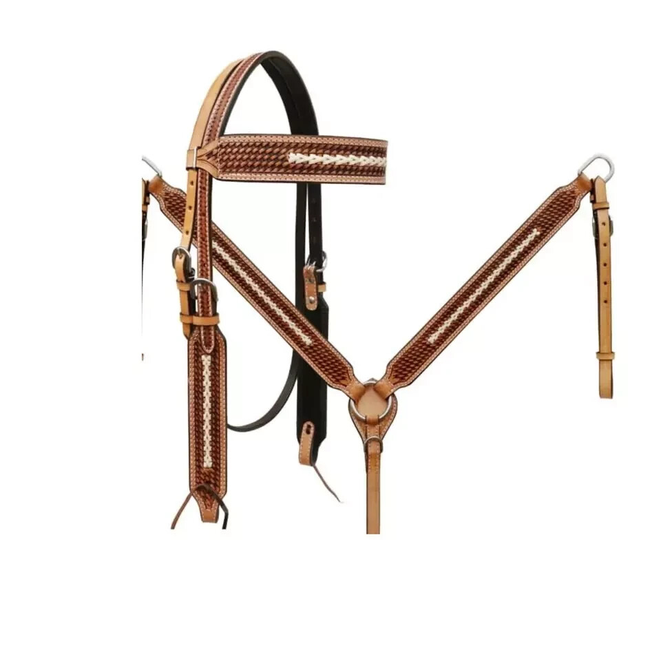 Western Leather Horse Beautiful Headstall & Breast Collar Reins Tack Set.
