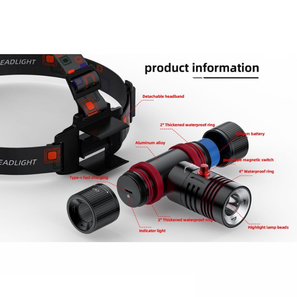 Underwater Diving Headlamp with Four Lighting Modes and Magnetic Switch Control