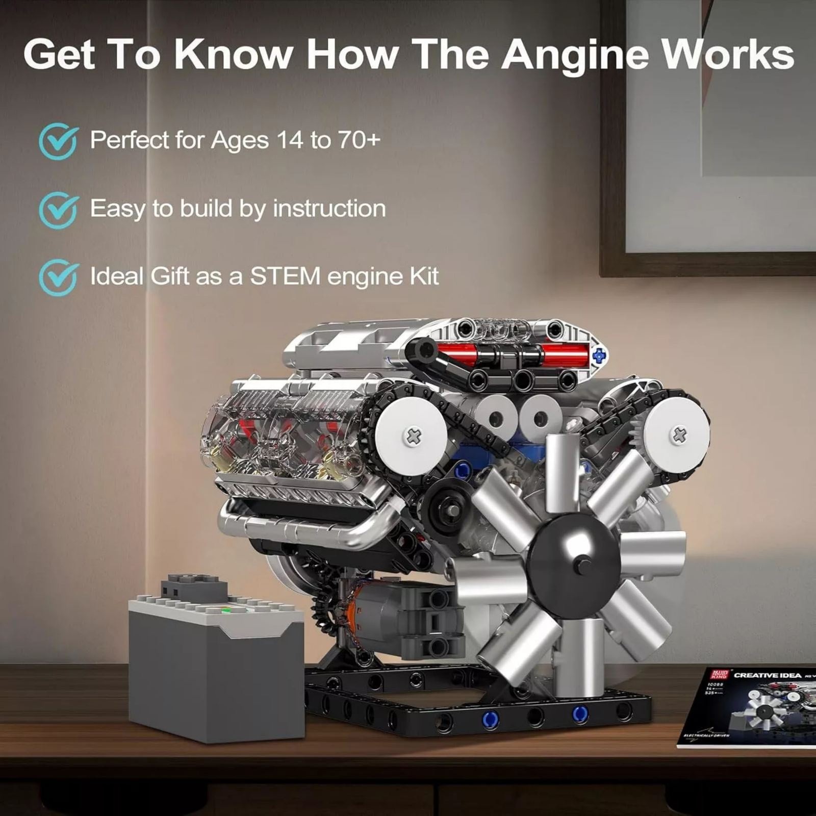 ABS V8 Engine Motor Engineering Model Stacking Blocks Education Toy Gift