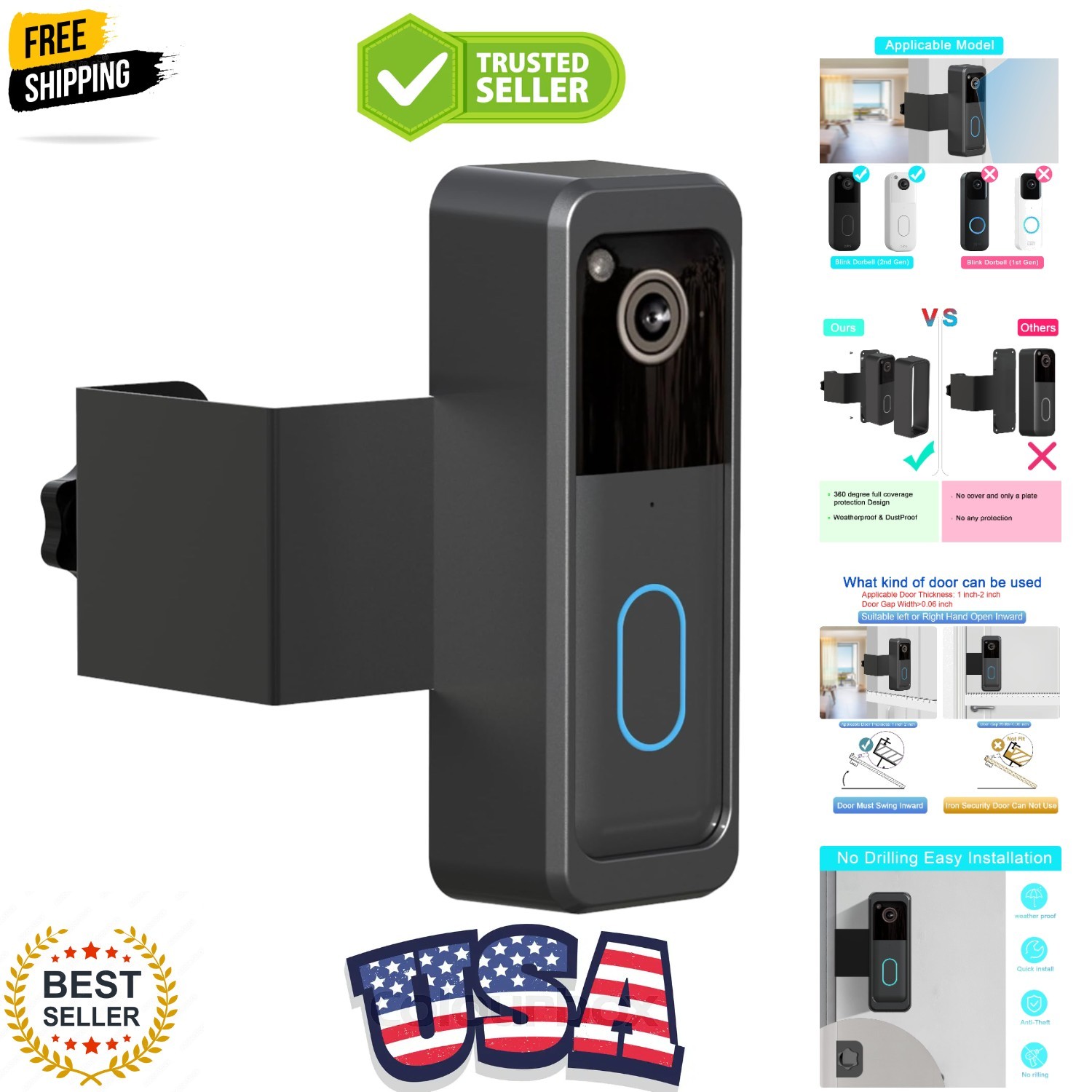 Anti-Theft Blink Doorbell Door Mount,No-Drill Mounting Bracket for Blink Door...