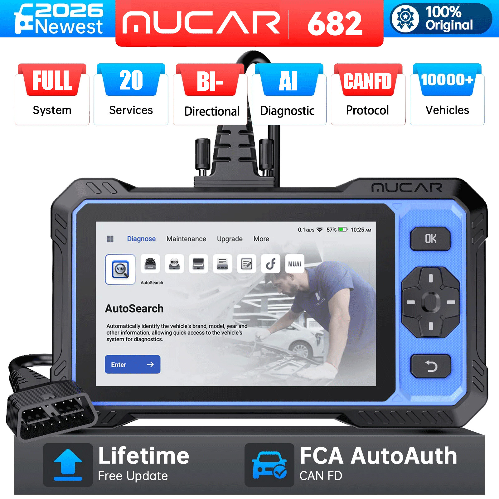 MUCAR 682 Bidirectional OBD2 Scanner Car System AI Diagnostic Scan Tool 20+Reset