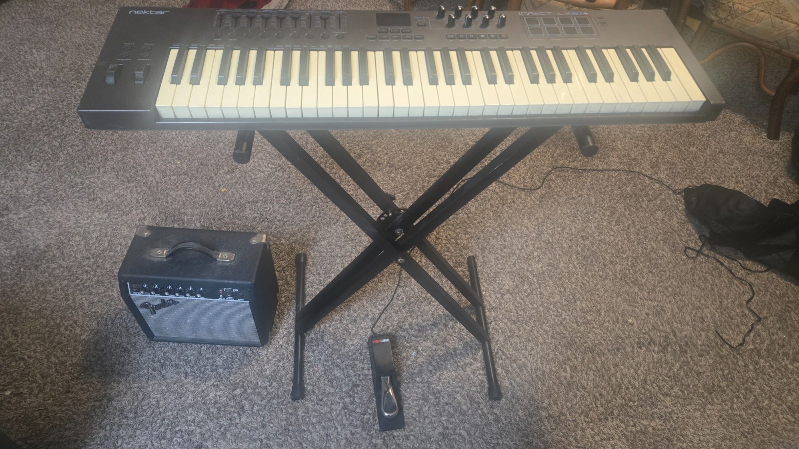 Nektar impact lx61+ grey w/ fender amp, pedal, and stand