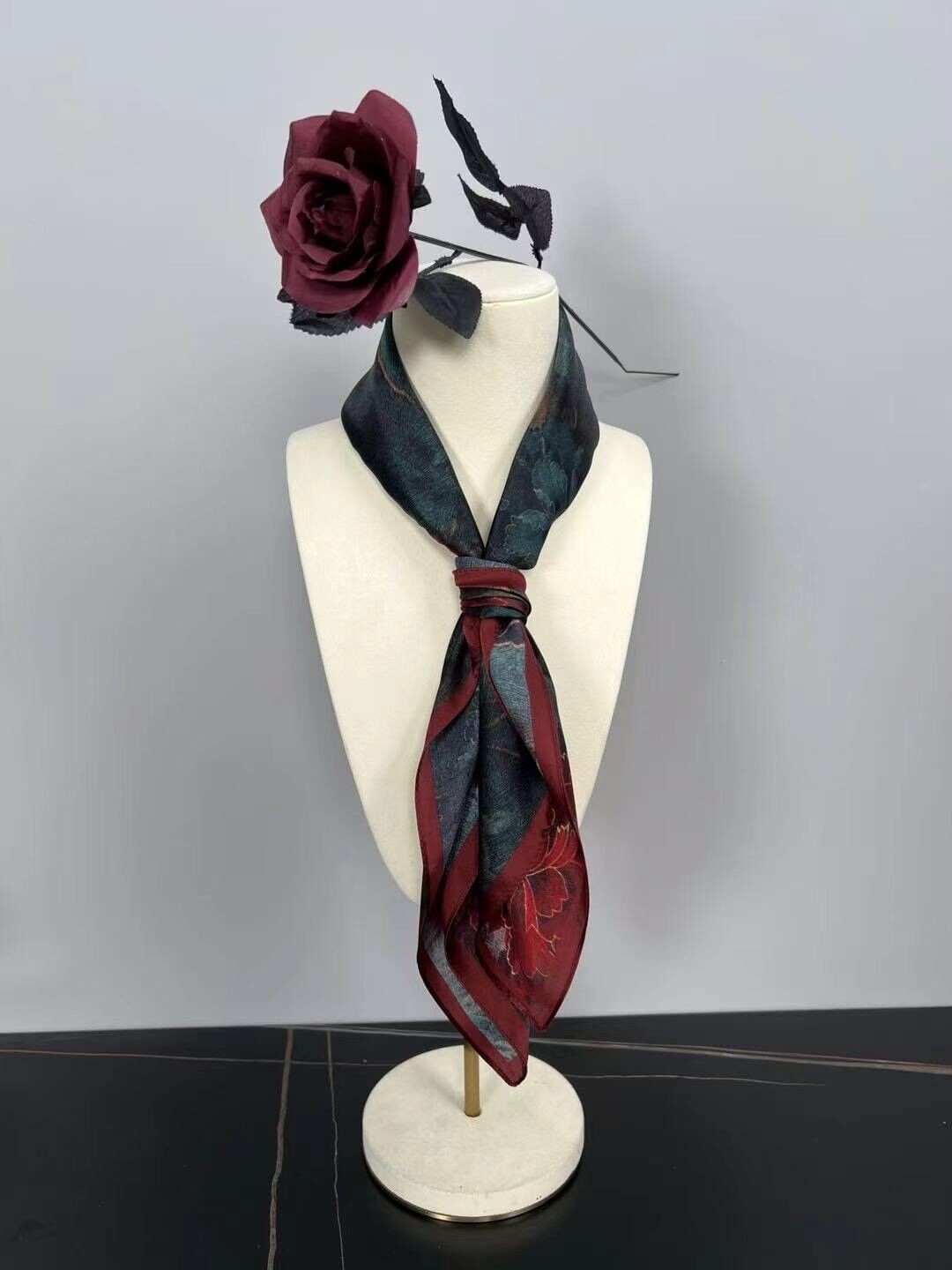 26"X26"Red Peony Print Pure Mulberry Satin Silk 12momme Scarf 65x65cm 6-24