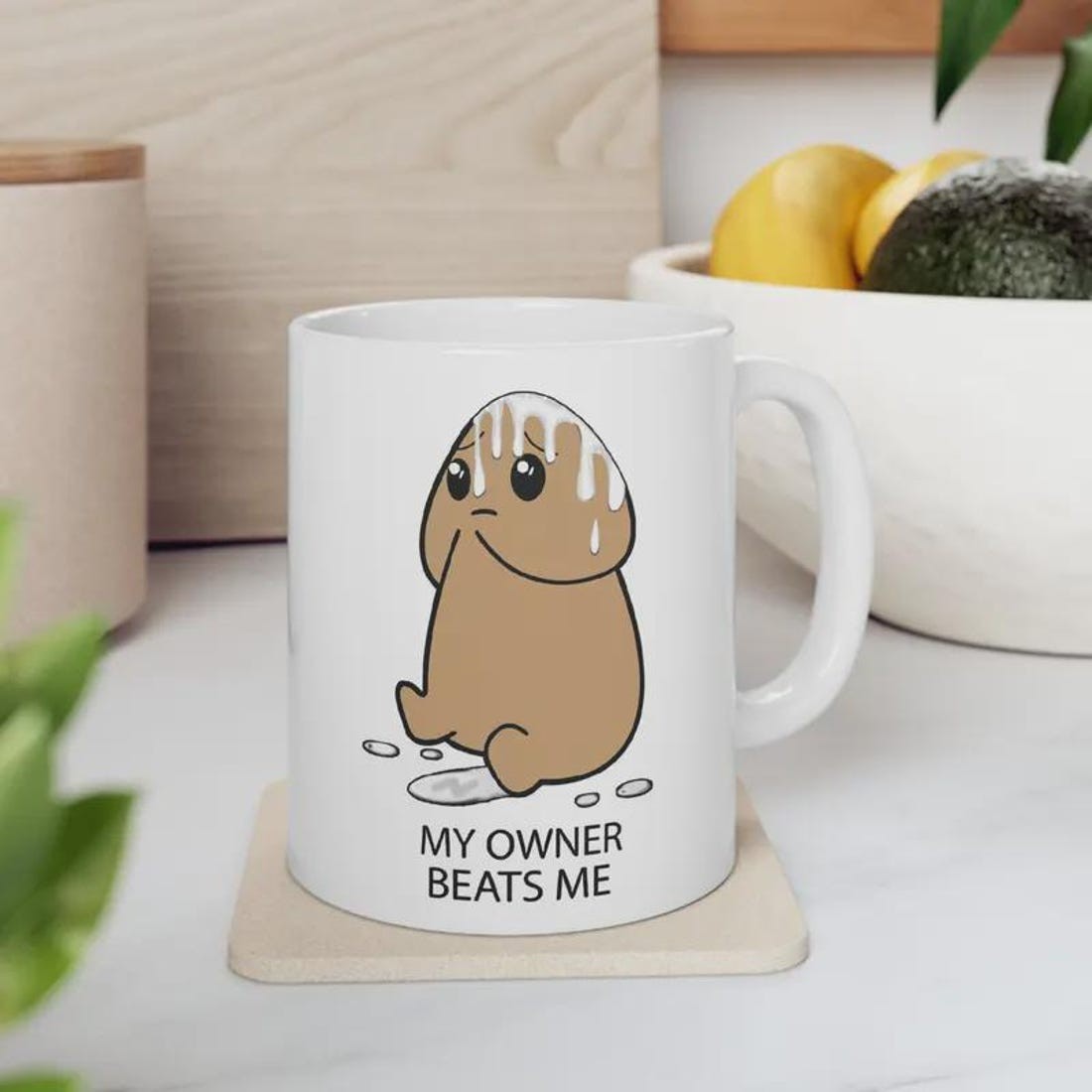 Funny Raunchy Mug “My Owner Beats Me” Cute Emotional Meme Ceramic Coffee