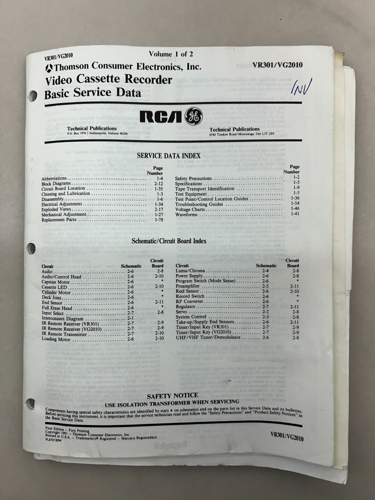 RCA VR301 VG2010 Original Schematics Free Shipping
