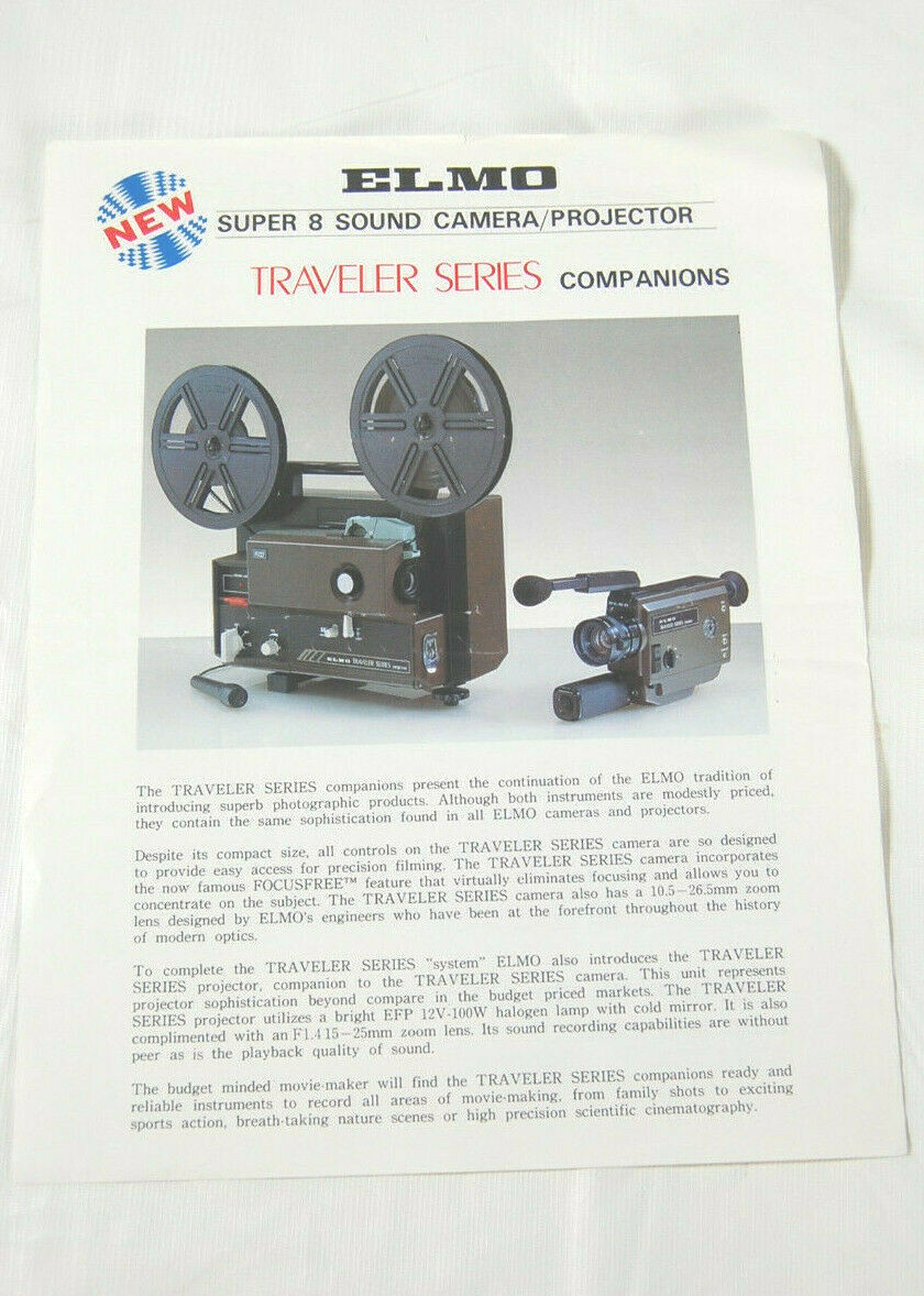 Elmo Traveler Series Super 8mm Sound Camera Movie Projector Sales Brochure Ad