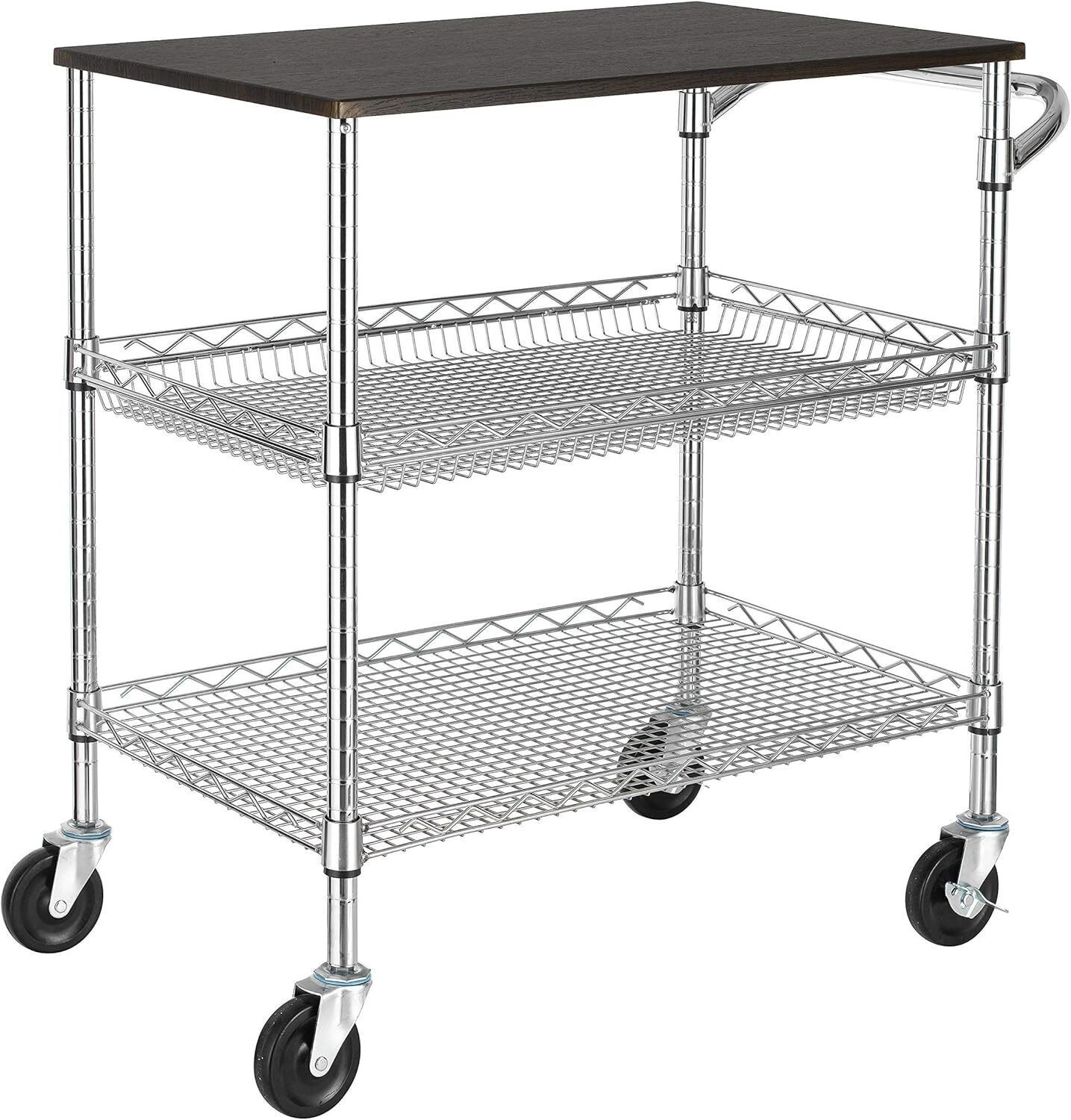 3 Tier Heavy Duty Commercial Grade Utility Cart with Wood Top Wire Rolling Cart