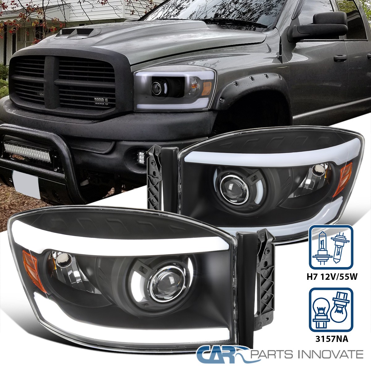 Fit 2006-2008 Dodge Ram 1500 2500 3500 Black Projector Headlights LED Tube Lamps